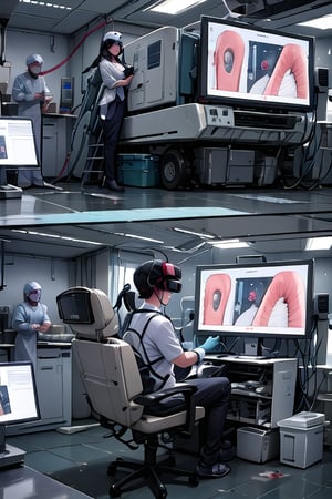 A skilled surgeon, wearing a sterile surgical gown and gloves, meticulously performs a complex operation using a VR-assisted surgical system. The surgeon's movements are precise and controlled, guided by the high-resolution images displayed in their VR headset. The operating room is sterile and well-lit, with a team of medical professionals assisting the surgeon. (Realistic, detailed, post-processed)