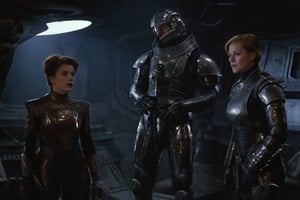 A tense standoff unfolds within the foggy confines of a retro-futuristic spaceship. Fritz Lang's protagonist stands firm, clad in worn leather and goggles, as two women and one man clad in steam-powered armor prepare for battle against an otherworldly foe. A striking female figure, donning a metallic spacesuit and 1910-era hairstyles, fixes her gaze on the encroaching extraterrestrial threat. Amidst the chaos, she remains steadfast. The dimly lit interior is illuminated only by the eerie glow of the moonlit metropolis visible through the portholes, casting an ominous light on the impending conflict.