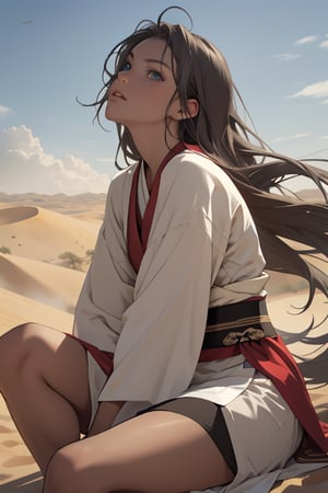 sky,desert, dune,sun,wind,sand storm,16 yo,beautiful girl,very long hair, curry hair,light gray hair,light blue eyes,wearing hanfu,sit on knee,she is looking up sky,Best Quality, 32k, photorealistic, ultra-detailed, finely detailed, high resolution, perfect dynamic composition, beautiful detailed eyes, sharp-focus, cowboy shot,