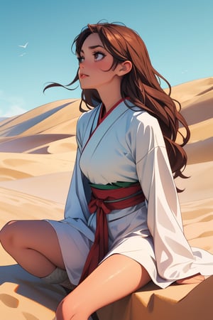 sky,desert, dune,sun,wind,sand storm,16 yo,beautiful girl,very long hair, straight hair,brown hair,wearing hanfu,sit on knee,she is looking up sky,Best Quality, 32k, photorealistic, ultra-detailed, finely detailed, high resolution, perfect dynamic composition, beautiful detailed eyes, sharp-focus, cowboy shot,