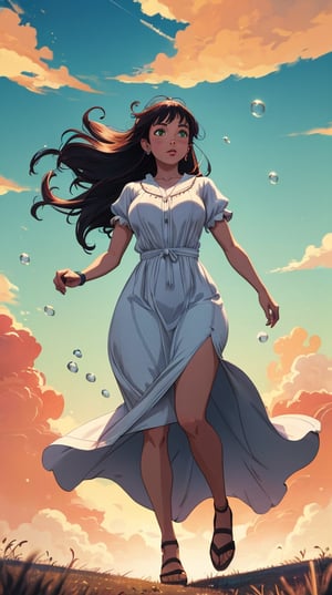 ((masterpiece)), (best quality), (cinematic), a woman in a long white dress, running through an open field, long black hair, bangs, chubby, wide hips, full body, green eyes, freckles on cheeks, wind, detailed face, detailed body, red and orange sky, glow, clouds, vegetation, green plains, floating bubbles, (cinematic, colorful), vast field, (extremely detailed), inspired by Studio Ghibli, EpicSky, cloud, sky, highly detailed, detailed face