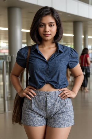 A photorealistic portrait of an 25-year-old Indian girl with captivating beauty, her hair styled in a chic bob and dyed ,wearing cord patterned blue shirt and and cotton shorts, curvy body, chic bob hair style, hands on hips , at  platform airport,The girl's expression should be peace and contentment, showcasing her enjoyment of the moment , front view,she is putting her hands on hips

,SD 1.5