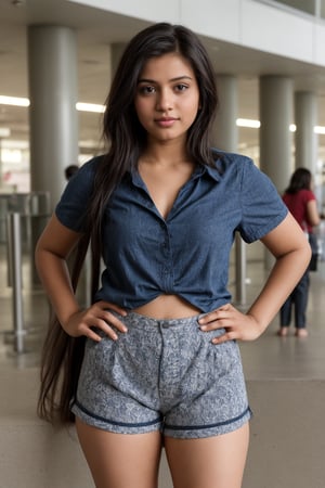 A photorealistic portrait of an 25-year-old Indian girl with captivating beauty, her hair styled in a chic bob and dyed ,wearing cord patterned blue shirt and and cotton shorts, curvy body, chic bob hair style, hands on hips , at  platform airport,The girl's expression should be peace and contentment, showcasing her enjoyment of the moment , front view,she is putting her hands on hips, perfect shot

,SD 1.5