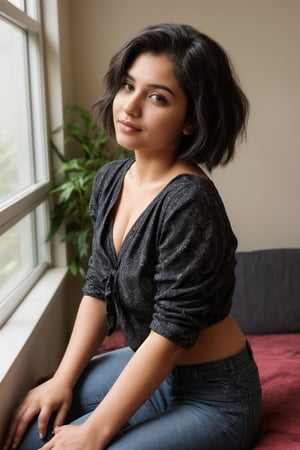 A photorealistic portrait of an 25-year-old Indian girl with captivating beauty, her hair styled in a chic bob and dyed ,wearing  patterned black top and and jeans, curvy body, chic bob hair style, proper fingers,proper hands, at her bedroom , sitting beside window,The girl's expression should be peace and contentment, showcasing her enjoyment of the moment , random capture, looking at other side than camera,she is putting her hands on her chest, looking at another angle than camera

,SD 1.5