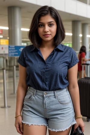 A photorealistic portrait of an 25-year-old Indian girl with captivating beauty, her hair styled in a chic bob and dyed ,wearing cord patterned blue shirt and and cotton shorts, curvy body, chic bob hair style, s , at  platform airport,The girl's expression should be peace and contentment, showcasing her enjoyment of the moment , front view, hand on hip

,SD 1.5