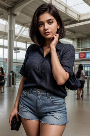 A photorealistic portrait of an 25-year-old Indian girl with captivating beauty, her hair styled in a chic bob and dyed ,wearing cord patterned blue shirt and and cotton shorts, curvy body, chic bob hair style, s , at  platform airport,The girl's expression should be peace and contentment, showcasing her enjoyment of the moment , front view, hand on hip

,SD 1.5