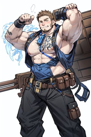 Close-up shot of a rugged individual standing confidently on a pure white background. Thick arms flexed and defined, with brown eyes piercing through the lens. A muscular physique radiates power and strength. The clothing is a mix of gogoboy and fight blacksmith. tattoo on left arm. The character's facial expression exudes confidence and boredom, as if dislike you. His OC design is bold and distinctive, leaving a lasting impression. OC is carrying a giant machine gun.,(1man),THICK ARMS. muscle chest.Big tits