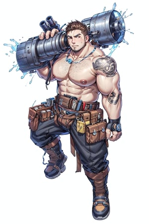 Close-up shot of a rugged individual standing confidently on a pure white background. Thick arms flexed and defined, with brown eyes piercing through the lens. A muscular physique radiates power and strength. The clothing is a mix of gogoboy and fight blacksmith. tattoo on left arm. The character's facial expression exudes confidence and boredom, as if dislike you. His OC design is bold and distinctive, leaving a lasting impression. OC is carrying a giant steampunk machine gun.,(1man),THICK ARMS. muscle chest