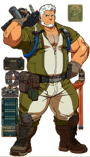 score_9, score_8_up, score_7_up, (full body), (white background) ,,,,, solo, looking at viewer, short hair, gloves, 1boy, white background, holding, full body, weapon, white hair, male focus, thighs, boots, pants, holding weapon, gun, muscular, facial hair, thick thighs, pectorals, muscular male, bara, beard, large pectorals, mature male, chest hair, pectoral cleavage,screen,engineer,army,white coveralls,jumpsuit,sideburs,facial hair,covered gut,perfect light,pipe,wires,cable,electrical,Masterpiece,covered nipple,covered bulge muscle, sideburns, covered pectorals, bulge, thigh, navel,muscle-gut, plump,bara,sideburns,muscle,tattoo,metal accessories,mecha module,,,, highly detailed, masterpiece, finely detailed skin, Fine art style,Expressiveh, concept art,B0ld01lp41nt, \(medium\),photo_b00ster,tag score,dad_bod,more detail XL