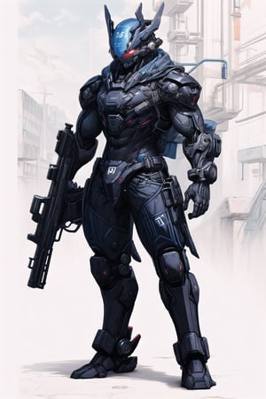 solo, red eyes, 1boy, holding, standing, weapon, holding weapon, gun, no humans, robot, holding gun, mecha, science fiction, cable