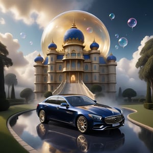 In this whimsical dream bubble, a majestic palace rises from the clouds, its opulent facade gleaming with soft, golden light. Amidst the serene surroundings, a sleek luxury car, painted a rich, midnight blue, glides effortlessly on an ethereal path, as if floating on air. The palace's grandeur is matched only by the car's sophisticated design, both bathed in an otherworldly glow that defies gravity.