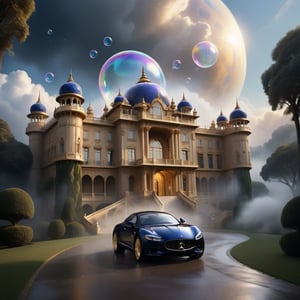 In this whimsical dream bubble, a majestic palace rises from the clouds, its opulent facade gleaming with soft, golden light. Amidst the serene surroundings, a sleek luxury car, painted a rich, midnight blue, glides effortlessly on an ethereal path, as if floating on air. The palace's grandeur is matched only by the car's sophisticated design, both bathed in an otherworldly glow that defies gravity.