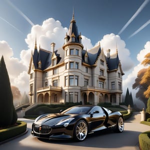 A majestic mansion with grandiose architecture and opulent details floats serenely above the fluffy white clouds, its turrets and spires reaching for the sky. A sleek, black luxury car with gleaming chrome accents and razor-sharp lines hovers beside it, as if suspended in mid-air, bathed in a warm, golden light.