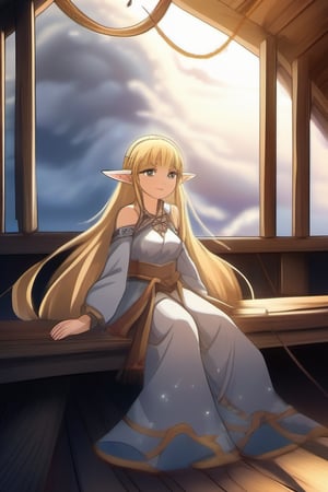 Ancient Anime Blond elf girl lounging on anime ancient wood attic, Dusty, rusty, windy, scintillations, smoke, sparks, foggy, particles, Moon light Big clouds are opening, there is a star beam of light fringe anointing spilling on the top 