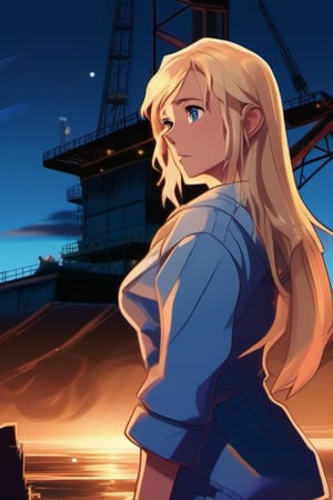 Portrait classic style Video game anime blond woman crouching on ground hands on tattered portrait on shoulders on blue night sky
On oil platform

