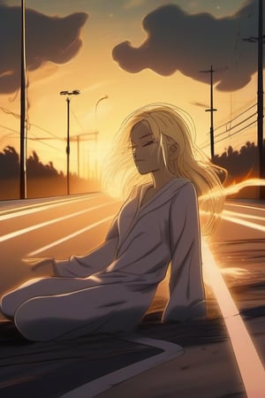 Anime blond woman Spiritualist medium laying down on asphalt on highway car crash possessed by ghost on trance rhythm dance
Sunset, Dusty, rusty, windy, scintillations, smoke, sparks, foggy, particles, 
