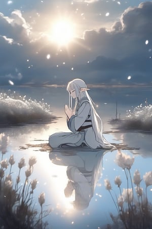 Monochrome anime elf hands together closed eyes hiding face kneeling on tundra field on the water down the river white mirror milky water blue flowers
 Sunset, Dusty, rusty, windy, scintillations, smoke, sparks, foggy, particles, Big clouds are opening, there is a sun beam of light fringe anointing spilling on the top 

 