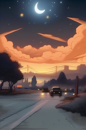 A monochromatic anime-inspired scene depicts a desolate parking lot bathed in the warm glow of fire orbs suspended above Mount Tabor's rugged terrain. Dusty, rusty hues dominate the landscape as windy scintillations swirl amidst smoke and sparks. Foggy particles dance through the air, obscuring the blue trees that stretch towards the dark starry night sky. In the distance, clouds part to reveal a crescent moon bathing the scene in its silvery rays.