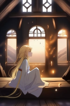 Ancient Anime Blond elf girl mourning on anime ancient wood attic, Dusty, rusty, windy, scintillations, smoke, sparks, foggy, particles, Moon light Big clouds are opening, there is a star beam of light fringe anointing spilling on the top 