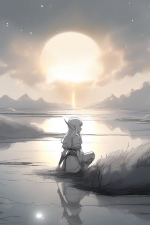 Monochrome anime elf crouching on tundra field on the water down the river white mirror milky water
 Sunset, Dusty, rusty, windy, scintillations, smoke, sparks, foggy, particles, Big clouds are opening, there is a sun beam of light fringe anointing spilling on the top 

 