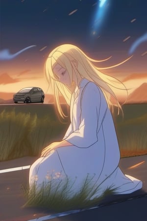 Anime blond woman Spiritualist hugging ground on asphalt on highway car crash debris accident possessed by ghost on trance
Sunset, Dusty, rusty, windy, scintillations, sparks, foggy, particles, grass fields, blue flowers

