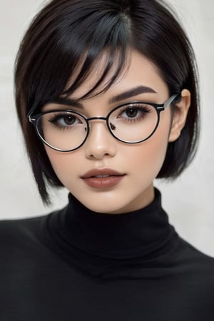 hyper  image  beauty girls. short black hair, intense lips, brown eyes using glasses, wearing black short shirt