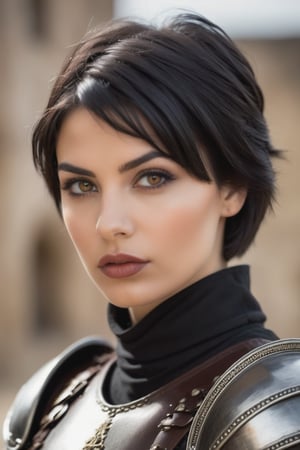 a wonderful, beautiful girl, dramatic face with short black hair, intense brown eyes, intense lips, black jumpsuit, female medieval armor, looking at the camera, light blurred background