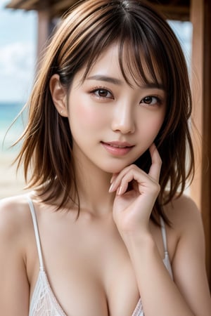 masterpiece, best quality, 1 girl, solo, sexy bikini, 
brown hair, light eyebrows, brown eyes,
sunlight, outdoor, beach, japanese, beautiful, medium hair,  bangs, looking at viewer,  gentle smile, upper body,
beautiful detailed eyes, sparkling eyes,
medium breasts, cleavage, Best Quality, 32k, photorealistic, ultra-detailed, finely detailed, pale skin, detailed skin texture, beautiful fingers, beautiful hands, beautiful fingertip, beautiful nail, high resolution, perfect dynamic composition, beautiful detailed eyes, sharp-focus