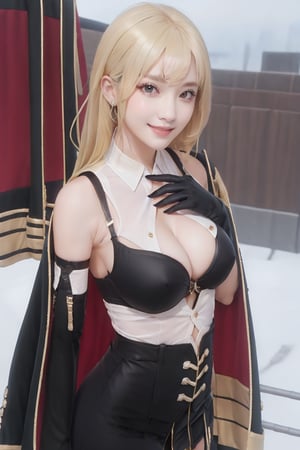 masterpiece, best quality,
1girl, solo, breasts, skirt, blonde hair, large breasts, shirt, gloves, long sleeves,  cleavage, bare shoulders, underwear, white shirt,detached sleeves, open clothes, black gloves, elbow gloves, black skirt,  bra, coat, black coat,black bra, coat on shoulders,
outdoor, upper body, beautiful face,
bangs, looking at viewer, smile, beautiful detailed eyes, sparkling eyes, cleavage, 32k, photorealistic, ultra-detailed, finely detailed,  detailed skin texture, beautiful fingers, beautiful fingertip,5 finger,beautiful nails,
beautiful hands, high resolution, perfect dynamic composition, sharp-focus