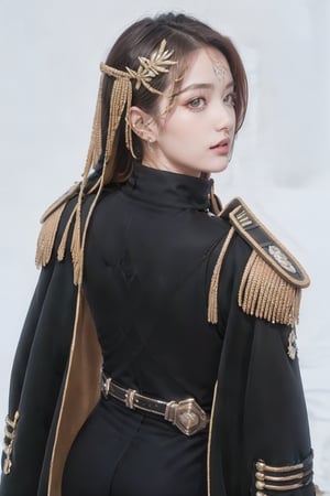 masterpiece, best quality,
coat on shoulders,
1girl, solo, long sleeves, jacket, pantyhose,  belt, sword, from behind, uniform, military, military uniform, epaulettes, black coat, aiguillette,
outdoor, upper body, beautiful detailed eyes, sparkling eyes, 32k, photorealistic, ultra-detailed, finely detailed,  detailed skin texture, beautiful fingers, beautiful fingertip,
beautiful hands, high resolution, perfect dynamic composition, sharp-focus