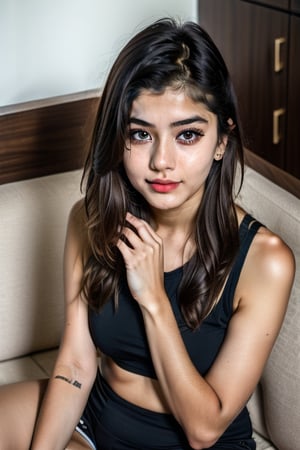 lovely cute young attractive teenage girl, village girl, 18 years old, cute, an Instagram model, long black_hair, colorful hair, winter, dacing, wear black top, sitting at sofa home, clean face