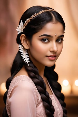 A breathtakingly beautiful 18-year-old girl named Anikha, who is the epitome of elegance and charm. She stands out as the central focus of this ultra-detailed, 8K resolution masterpiece with a perfect score of 9 and a UHD rating of 1.3. Her delicate facial features are captured with a stunning realism that's amplified by a majestic score of 1.5, making her appear as if she's stepped out of a high-definition dream. Her skin glows with a soft blush, perfectly accentuating her detailed, natural beauty. Her eyes, a rich brown, are filled with a blissful vibe, reflecting the cinematic lighting that surrounds her. They are so realistic and sharp that they seem to hold secrets of the universe within them. The exquisite twin braids of her long, shining hair are adorned with a hair ornament that adds an extra touch of elegance to her already flawless look. The background, a canvas of blurred perfection with a score of 1.7 for background blur, showcases an intricate peacock feather design that complements the overall aesthetic without overwhelming the main subject.