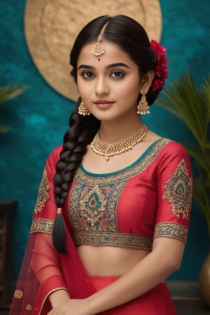 A breathtakingly beautiful 18-year-old girl named Anikha, who is the epitome of elegance and charm. She stands out as the central focus of this ultra-detailed, 8K resolution masterpiece with a perfect score of 9 and a UHD rating of 1.3. Her delicate facial features are captured with a stunning realism that's amplified by a majestic score of 1.5, making her appear as if she's stepped out of a high-definition dream. Her skin glows with a soft blush, perfectly accentuating her detailed, natural beauty. Her eyes, a rich brown, are filled with a blissful vibe, reflecting the cinematic lighting that surrounds her. They are so realistic and sharp that they seem to hold secrets of the universe within them. The exquisite twin braids of her long, shining hair are adorned with a hair ornament that adds an extra touch of elegance to her already flawless look. The background, a canvas of blurred perfection with a score of 1.7 for background blur, showcases an intricate peacock feather design that complements the overall aesthetic without overwhelming the main subject.