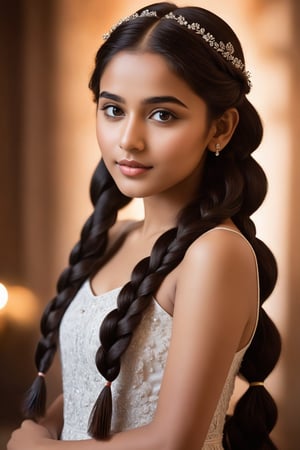 A breathtakingly beautiful 18-year-old girl named Anikha, who is the epitome of elegance and charm. She stands out as the central focus of this ultra-detailed, 8K resolution masterpiece with a perfect score of 9 and a UHD rating of 1.3. Her delicate facial features are captured with a stunning realism that's amplified by a majestic score of 1.5, making her appear as if she's stepped out of a high-definition dream. Her skin glows with a soft blush, perfectly accentuating her detailed, natural beauty. Her eyes, a rich brown, are filled with a blissful vibe, reflecting the cinematic lighting that surrounds her. They are so realistic and sharp that they seem to hold secrets of the universe within them. The exquisite twin braids of her long, shining hair are adorned with a hair ornament that adds an extra touch of elegance to her already flawless look. The background, a canvas of blurred perfection with a score of 1.7 for background blur, showcases an intricate peacock feather design that complements the overall aesthetic without overwhelming the main subject.