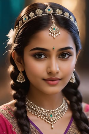 A breathtakingly beautiful 18-year-old girl named Anikha, who is the epitome of elegance and charm. She stands out as the central focus of this ultra-detailed, 8K resolution masterpiece with a perfect score of 9 and a UHD rating of 1.3. Her delicate facial features are captured with a stunning realism that's amplified by a majestic score of 1.5, making her appear as if she's stepped out of a high-definition dream. Her skin glows with a soft blush, perfectly accentuating her detailed, natural beauty. Her eyes, a rich brown, are filled with a blissful vibe, reflecting the cinematic lighting that surrounds her. They are so realistic and sharp that they seem to hold secrets of the universe within them. The exquisite twin braids of her long, shining hair are adorned with a hair ornament that adds an extra touch of elegance to her already flawless look. The background, a canvas of blurred perfection with a score of 1.7 for background blur, showcases an intricate peacock feather design that complements the overall aesthetic without overwhelming the main subject.