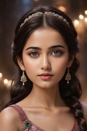 A breathtakingly beautiful 18-year-old girl named Anikha, who is the epitome of elegance and charm. She stands out as the central focus of this ultra-detailed, 8K resolution masterpiece with a perfect score of 9 and a UHD rating of 1.3. Her delicate facial features are captured with a stunning realism that's amplified by a majestic score of 1.5, making her appear as if she's stepped out of a high-definition dream. Her skin glows with a soft blush, perfectly accentuating her detailed, natural beauty. Her eyes, a rich brown, are filled with a blissful vibe, reflecting the cinematic lighting that surrounds her. They are so realistic and sharp that they seem to hold secrets of the universe within them. The exquisite twin braids of her long, shining hair are adorned with a hair ornament that adds an extra touch of elegance to her already flawless look. The background, a canvas of blurred perfection with a score of 1.7 for background blur, showcases an intricate peacock feather design that complements the overall aesthetic without overwhelming the main subject.