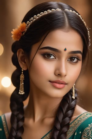 A breathtakingly beautiful 18-year-old girl named Anikha, who is the epitome of elegance and charm. She stands out as the central focus of this ultra-detailed, 8K resolution masterpiece with a perfect score of 9 and a UHD rating of 1.3. Her delicate facial features are captured with a stunning realism that's amplified by a majestic score of 1.5, making her appear as if she's stepped out of a high-definition dream. Her skin glows with a soft blush, perfectly accentuating her detailed, natural beauty. Her eyes, a rich brown, are filled with a blissful vibe, reflecting the cinematic lighting that surrounds her. They are so realistic and sharp that they seem to hold secrets of the universe within them. The exquisite twin braids of her long, shining hair are adorned with a hair ornament that adds an extra touch of elegance to her already flawless look. The background, a canvas of blurred perfection with a score of 1.7 for background blur, showcases an intricate peacock feather design that complements the overall aesthetic without overwhelming the main subject.