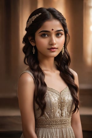 A breathtakingly beautiful 18-year-old girl named Anikha, who is the epitome of elegance and charm. She stands out as the central focus of this ultra-detailed, 8K resolution masterpiece with a perfect score of 9 and a UHD rating of 1.3. Her delicate facial features are captured with a stunning realism that's amplified by a majestic score of 1.5, making her appear as if she's stepped out of a high-definition dream. Her skin glows with a soft blush, perfectly accentuating her detailed, natural beauty. Her eyes, a rich brown, are filled with a blissful vibe, reflecting the cinematic lighting that surrounds her. They are so realistic and sharp that they seem to hold secrets of the universe within them. The exquisite twin braids of her long, shining hair are adorned with a hair ornament that adds an extra touch of elegance to her already flawless look. The background, a canvas of blurred perfection with a score of 1.7 for background blur, showcases an intricate peacock feather design that complements the overall aesthetic without overwhelming the main subject.