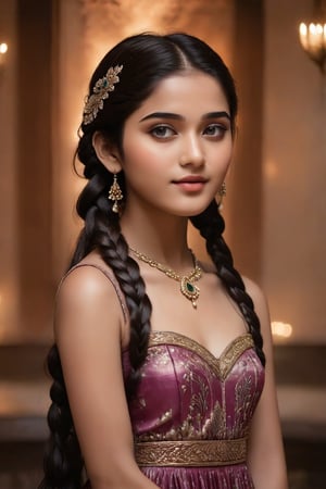 A breathtakingly beautiful 18-year-old girl named Anikha, who is the epitome of elegance and charm. She stands out as the central focus of this ultra-detailed, 8K resolution masterpiece with a perfect score of 9 and a UHD rating of 1.3. Her delicate facial features are captured with a stunning realism that's amplified by a majestic score of 1.5, making her appear as if she's stepped out of a high-definition dream. Her skin glows with a soft blush, perfectly accentuating her detailed, natural beauty. Her eyes, a rich brown, are filled with a blissful vibe, reflecting the cinematic lighting that surrounds her. They are so realistic and sharp that they seem to hold secrets of the universe within them. The exquisite twin braids of her long, shining hair are adorned with a hair ornament that adds an extra touch of elegance to her already flawless look. The background, a canvas of blurred perfection with a score of 1.7 for background blur, showcases an intricate peacock feather design that complements the overall aesthetic without overwhelming the main subject.