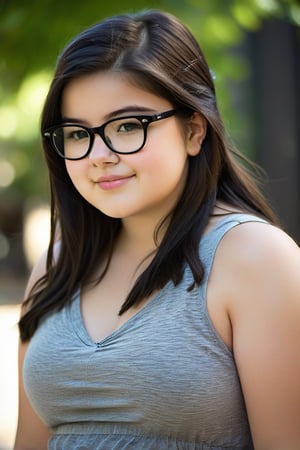 A 16-year-old girl,  camera's focus is on her full body, showcasing her chubby cheeks, normal chubby sexy body, Long dark brown hair. She wears black glasses perched on the end of her nose, adding a touch of sophistication to her kind smile. The low-cut sleeveless top reveals her midriff, drawing attention to her natural beauty. Natural light, the girl's skin texture appears realistic and detailed. 