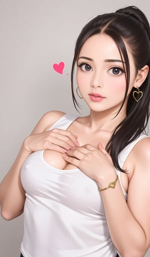 1girl, solo, long hair, breasts, looking at viewer, shirt, black hair, jewelry, upper body, ponytail, heart, earrings, bracelet, lips, tank top, hand on own chest, shocking reaction, realistic, photo background