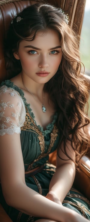 A tenderly lit, warm-toned portrait of a sweet-faced girl with a soft smile, her bright blue eyes sparkling with innocence. She sits comfortably in a plush armchair, wearing a gentle expression, with a few loose strands of curly brown hair framing her heart-shaped face.