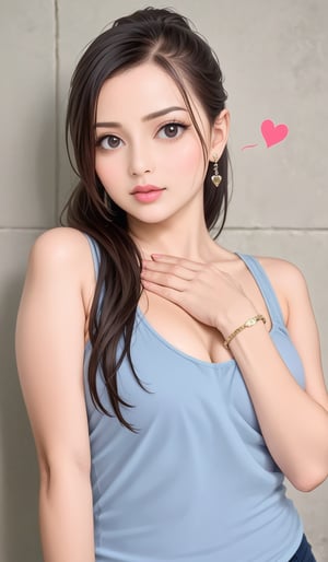 1girl, solo, long hair, breasts, looking at viewer, shirt, black hair, jewelry, upper body, ponytail, heart, earrings, bracelet, lips, tank top, hand on own chest, shocking reaction, realistic, photo background