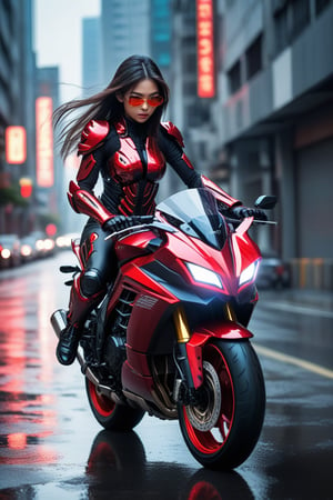 a cyborg girl in mecha armor,20yo,black and red colored armor,neon light lines glowing,exquisite face,soft shiny skin,long hair blowing,sunglasses,riding kawasaki ninja h2r at high speed,city street backdrop,puddles,dynamic pose,focused expression,realistic,detailed,masterpiece,best quality,sharp focus,high contrast,rule of thirds,depth of perspective,trending on artstation,award-winning photo,chiaroscuro lighting,ek_g1rl_02,ek_art_b00ster