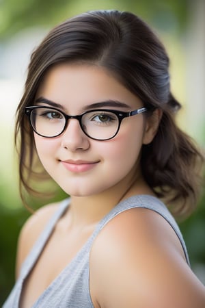 A 16-year-old al3x girl with a warm and inviting professional portrait. The camera's focus is on her face, showcasing her chubby cheeks and dark brown hair styled neatly. She wears black glasses perched on the end of her nose, adding a touch of sophistication to her kind smile. Her soft eyes sparkle as she tilts her head, gazing directly at the viewer with a gentle expression. The low-cut sleeveless top reveals her midriff, drawing attention to her natural beauty. Bathed in soft, natural light, the subject's skin texture appears realistic and detailed. The shallow depth of field creates a beautiful bokeh effect, blurring the background while keeping the al3x girl's features sharp and highly detailed.