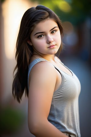 al3x girl, 16 years old, full body focus, professional portrait, chubby, dark brown hair, detailed face, facial expression, kind, soft eyes, head tilt,  lips, tank top, hand on own chest, shocking reaction, realistic skin texture, facing viewer, low cut sleeveless top, midriff, natural light, shallow depth of field, bokeh,mhighly detailed, realistic