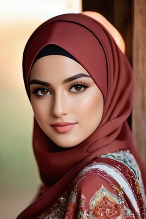 A stunning hijab beauty poses confidently in a full-body shot against a warm, rustic backdrop reminiscent of the Pakistan West. Her oval-shaped body and beautiful round face radiate warmth and kindness as she gazes directly into the camera. Soft brown eyes sparkle with a faint smile, while curly eyelashes frame her features. Her hand rests behind her head, showcasing natural beauty. The focus is sharp, with detailed textures and subtle highlights in 4K resolution, making every aspect of this masterpiece photograph look breathtakingly realistic Hijab style