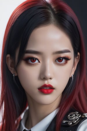 (masterpiece, best quality, photorealistic, high resolution, 8K raw photo, artstation) Half-body shot, white skin, Asian Girl, [Lisa Blackpink: Jisoo Blackpink:0.5], red eyes, elegant, thoughtful, reddish yellow lips, gothic, emo, dark, rock clothing, ((loose hair, black with white color)), good quality, cyberpunk, gothicม ทนืหะำพ