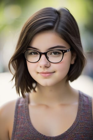 A 16-year-old girl with a warm, kind gaze and soft, dark brown hair framing her face. Her chubby cheeks are accentuated by black glasses perched on the end of her nose. A gentle head tilt and subtle smile convey her friendly demeanor. Realistic skin texture shines in natural light, creating a shallow depth of field with creamy bokeh. A low-cut sleeveless top showcases her midriff, drawing attention to her radiant facial expression.