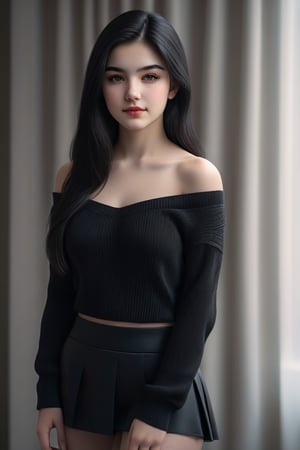 al3x girl, 16 years old, full body focus, long black hair, soft smile, red eyes, wearing a ((black off-shoulder sweater)), short black skirt, black tights),in the style of stefan kostic, realistic skin texture, 1 / 2 body crop, 8 5 mm art lens, f 1. 2, sharp focus, 8 k high definition, insanely detailed, intricate, elegant, art by stanley lau and artgerm ((high skin detail, realistic skin detail)), hard focus, volumetric fog, (background luxurious bedroom), minimalist cinematic lighting